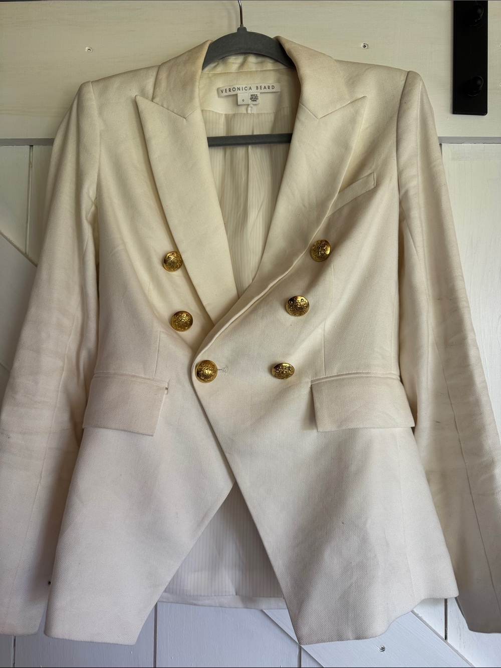 Veronica Beard Cream Double-Breasted Blazer with Gold Buttons